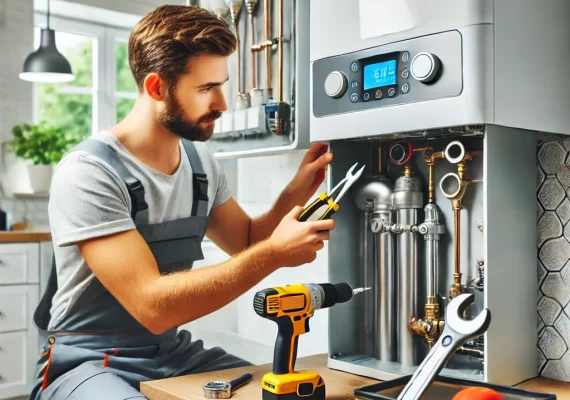 DALL·E 2024-12-18 11.32.48 - An image of a professional technician repairing a modern residential boiler system, showcasing tools and a safe, clean workspace. The focus is on prec