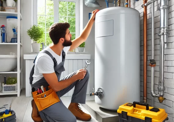 DALL·E 2024-12-18 11.38.11 - A technician repairing a residential water tank in a bright, clean utility room, with visible tools and safety equipment, ensuring high-quality servic