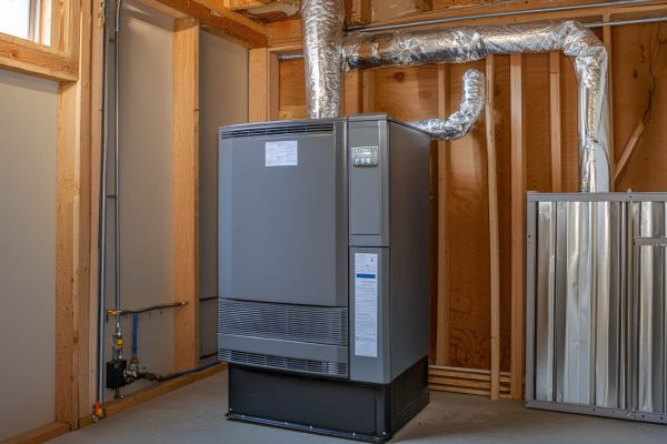 gas furnace is installed in residential setting, showcasing its sleek design and ductwork. image highlights importance of proper installation for safety and efficiency.